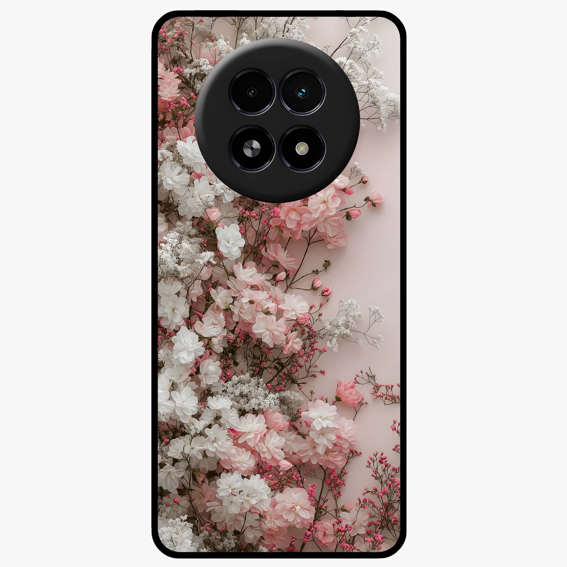 Blush Blossom Cloud Glass Case showing flat back view with dreamy blush cloud blossom artwork and glossy glass finish.