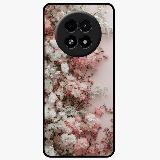 Blush Blossom Cloud Glass Case showing flat back view with dreamy blush cloud blossom artwork and glossy glass finish.