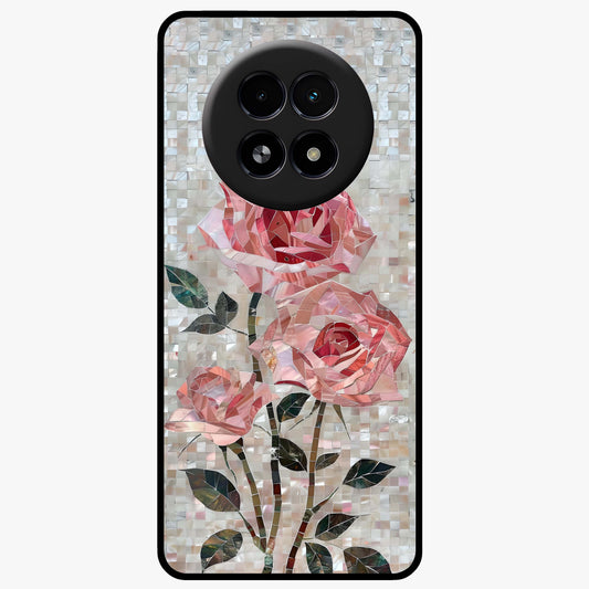 Blush Mosaic Bloom Glass Case showing flat back view with mosaic floral bloom artwork and glossy glass finish.