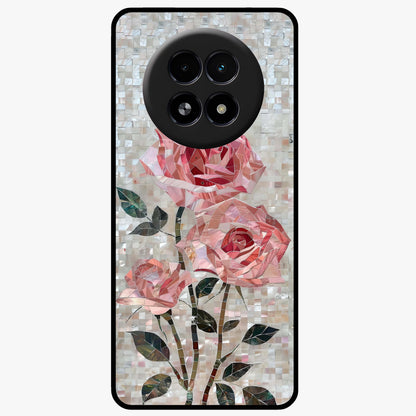 Blush Mosaic Bloom Glass Case showing flat back view with mosaic floral bloom artwork and glossy glass finish.