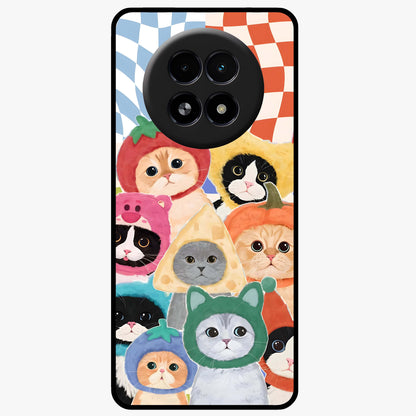 Cats in Fruits Glass Case showing flat back view with playful cat illustrations inside fruit artwork and glossy glass finish.