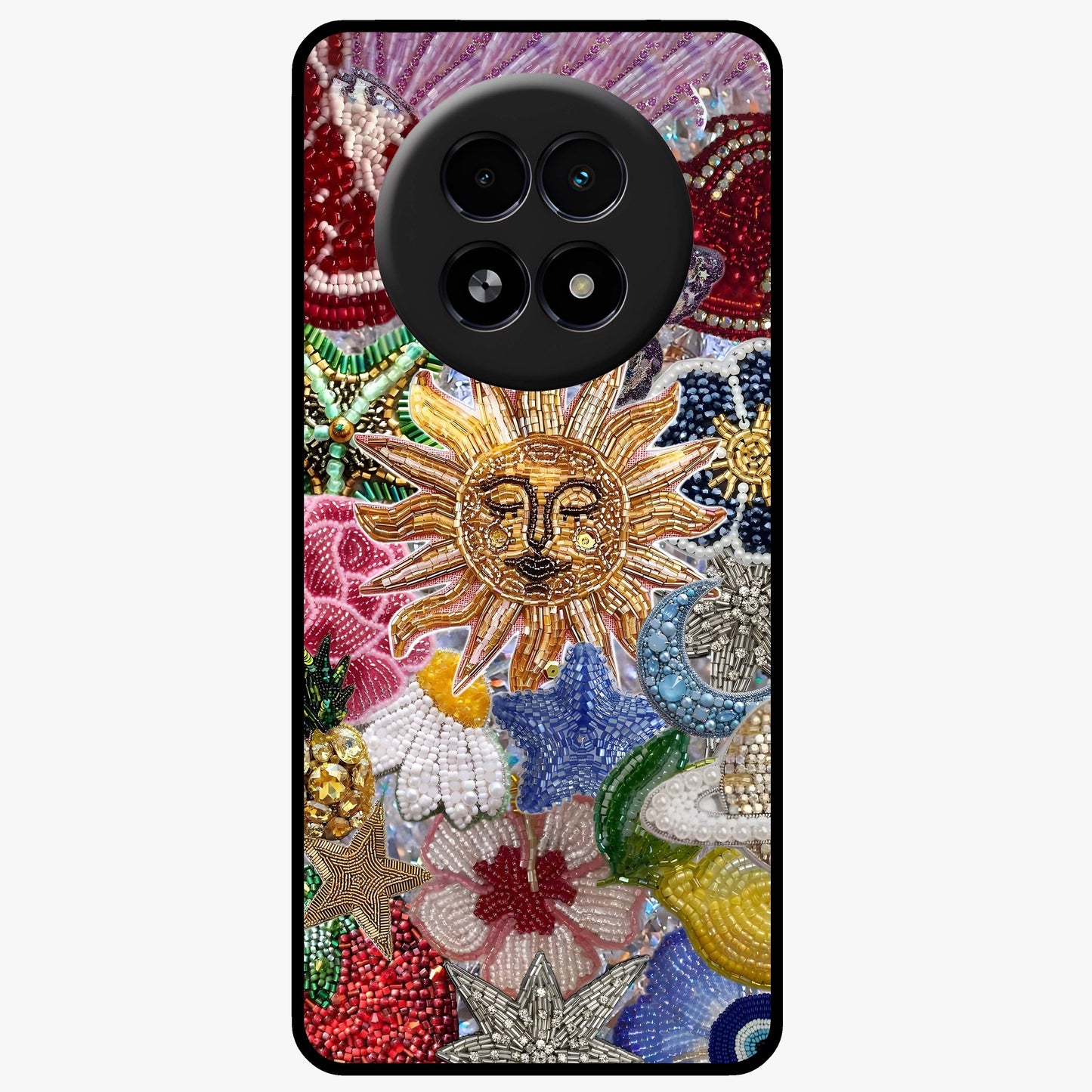 Celestial Floral and Playful Glass Case showing flat back view with floral and celestial themed artwork and glossy glass finish.