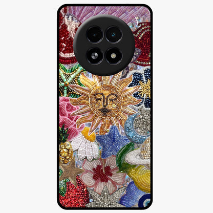 Celestial Floral and Playful Glass Case showing flat back view with floral and celestial themed artwork and glossy glass finish.