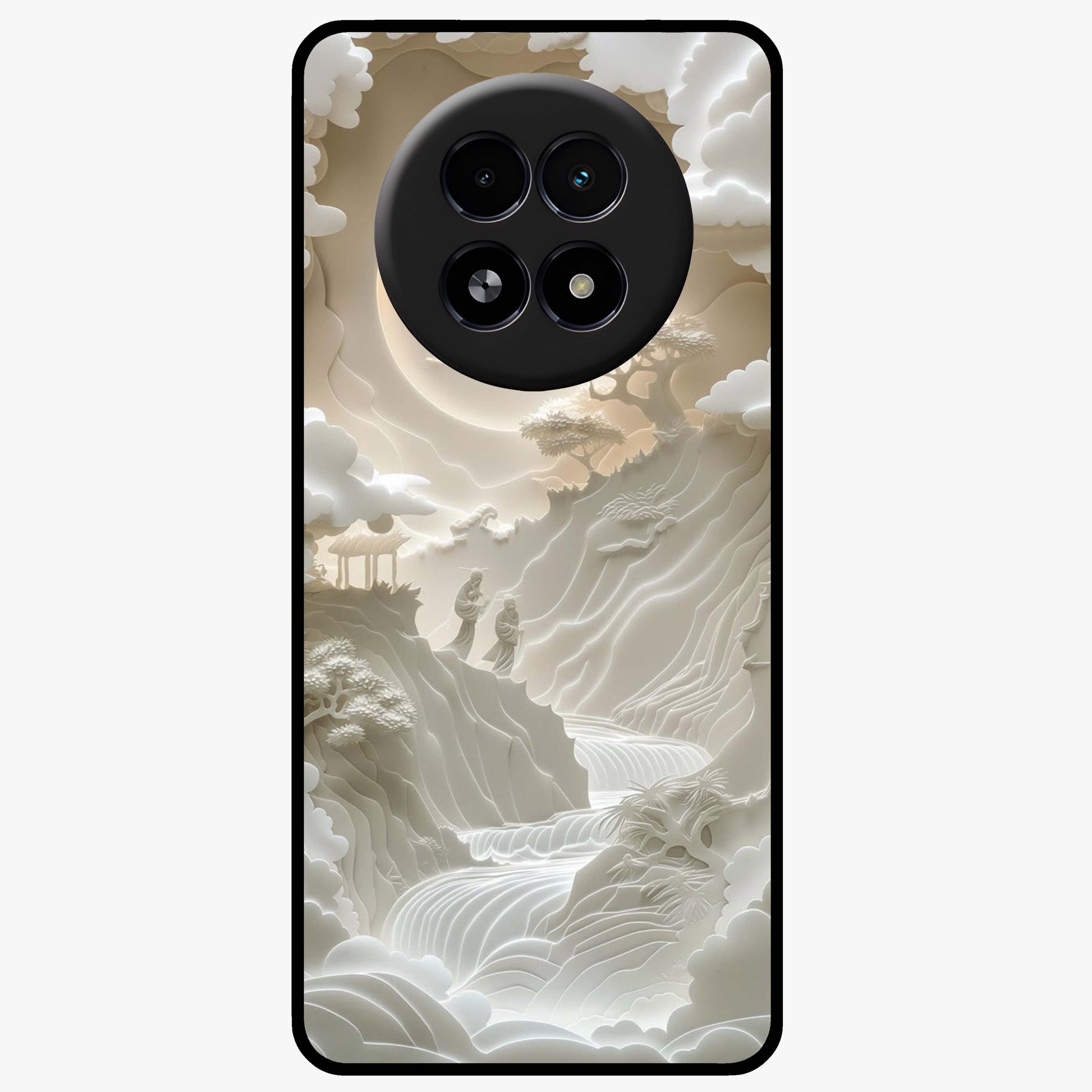 Celestial Origami Glass Case showing flat back view with artistic origami inspired celestial artwork and glossy glass finish.