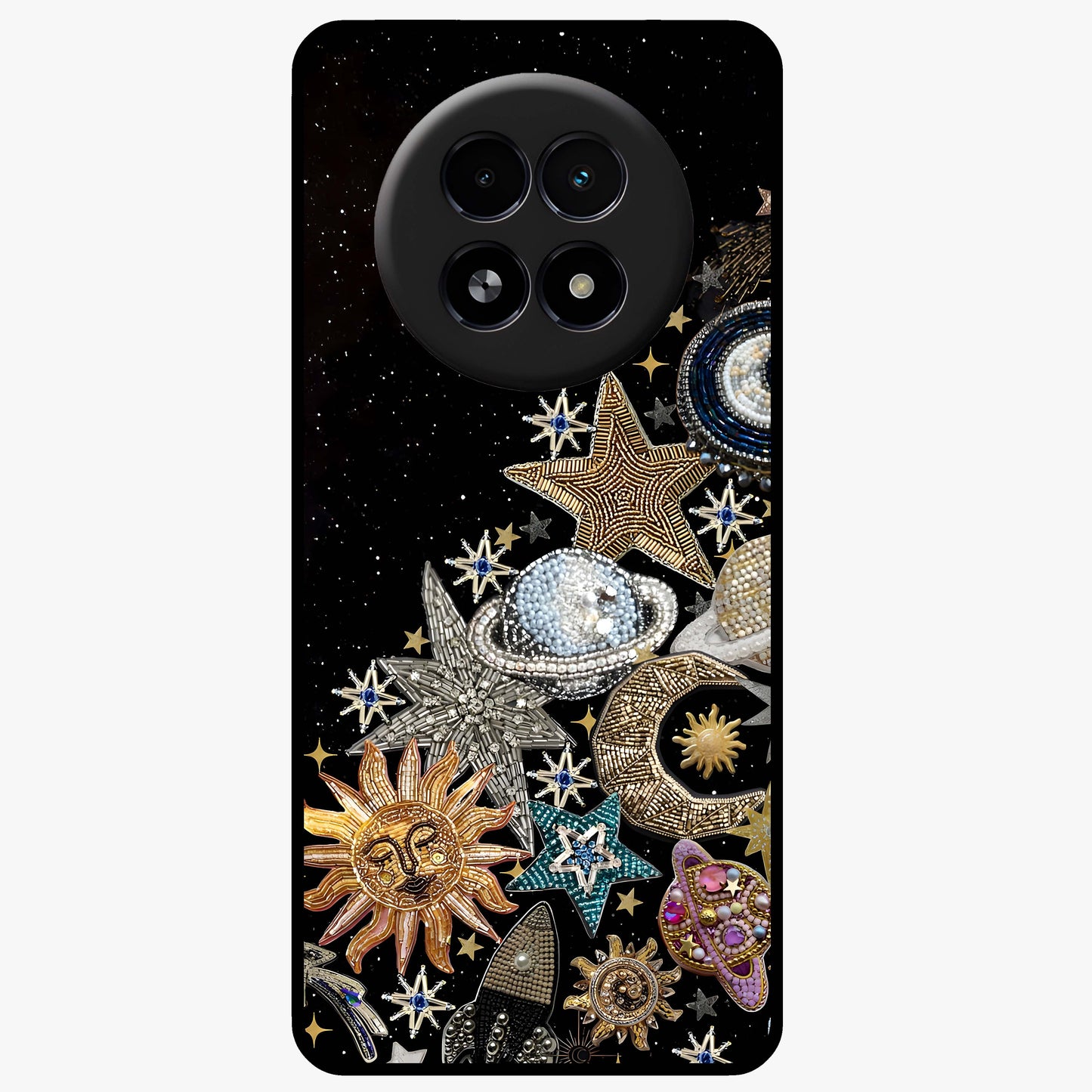 Cosmic Sparkle Dreams Glass Case showing flat back view with sparkling cosmic artwork and glossy glass finish.