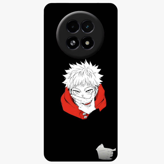Crimson Chaos Smile Glass Case showing flat back view with bold chaotic smile artwork and glossy glass finish.