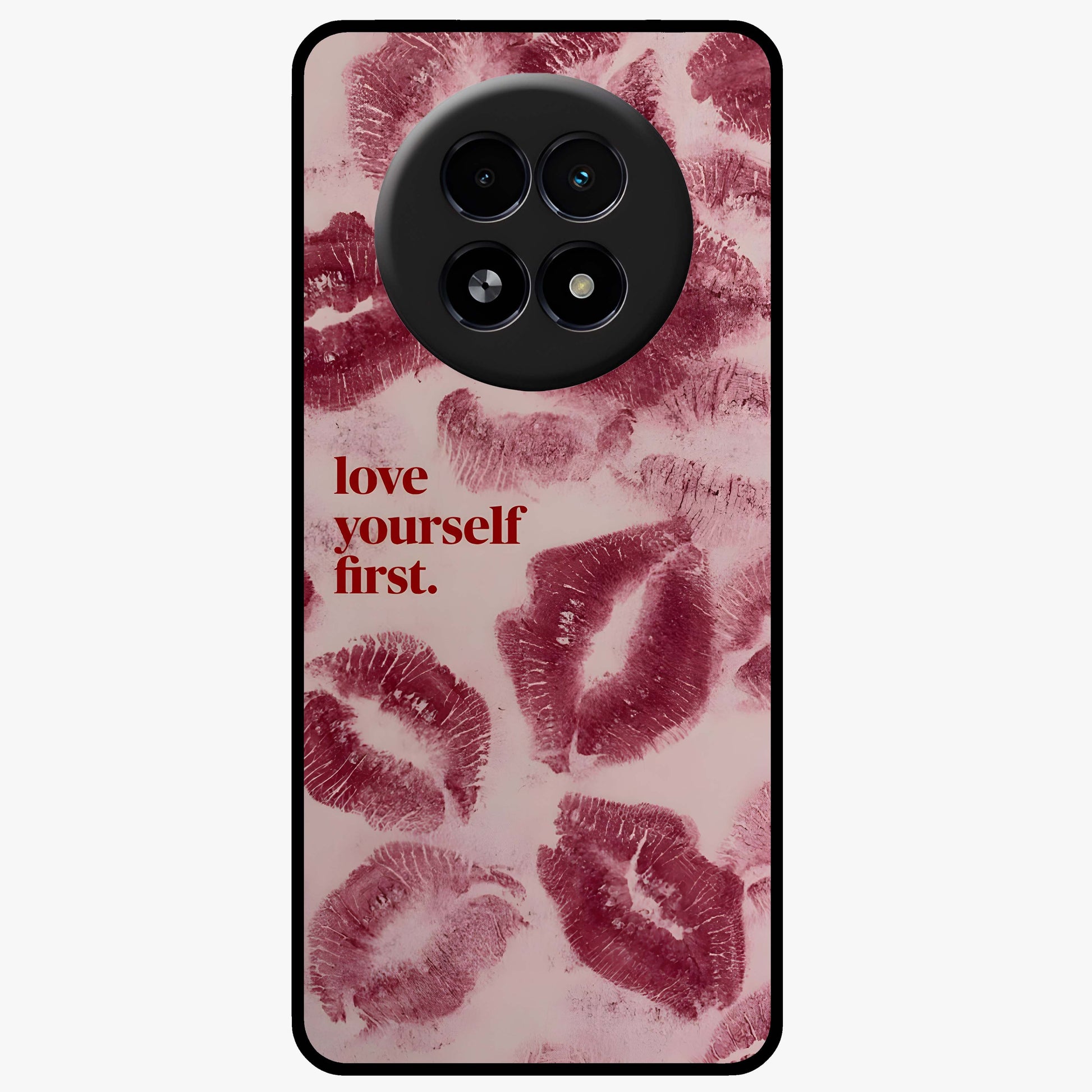 Crimson Kiss Love Glass Case showing flat back view with romantic crimson themed artwork and glossy glass finish.