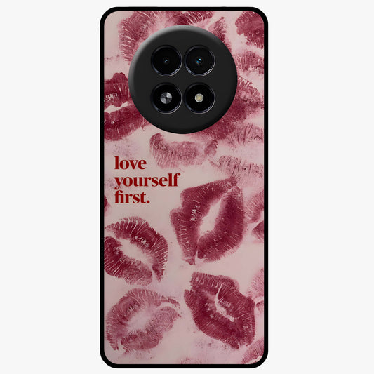 Crimson Kiss Love Glass Case showing flat back view with romantic crimson themed artwork and glossy glass finish.