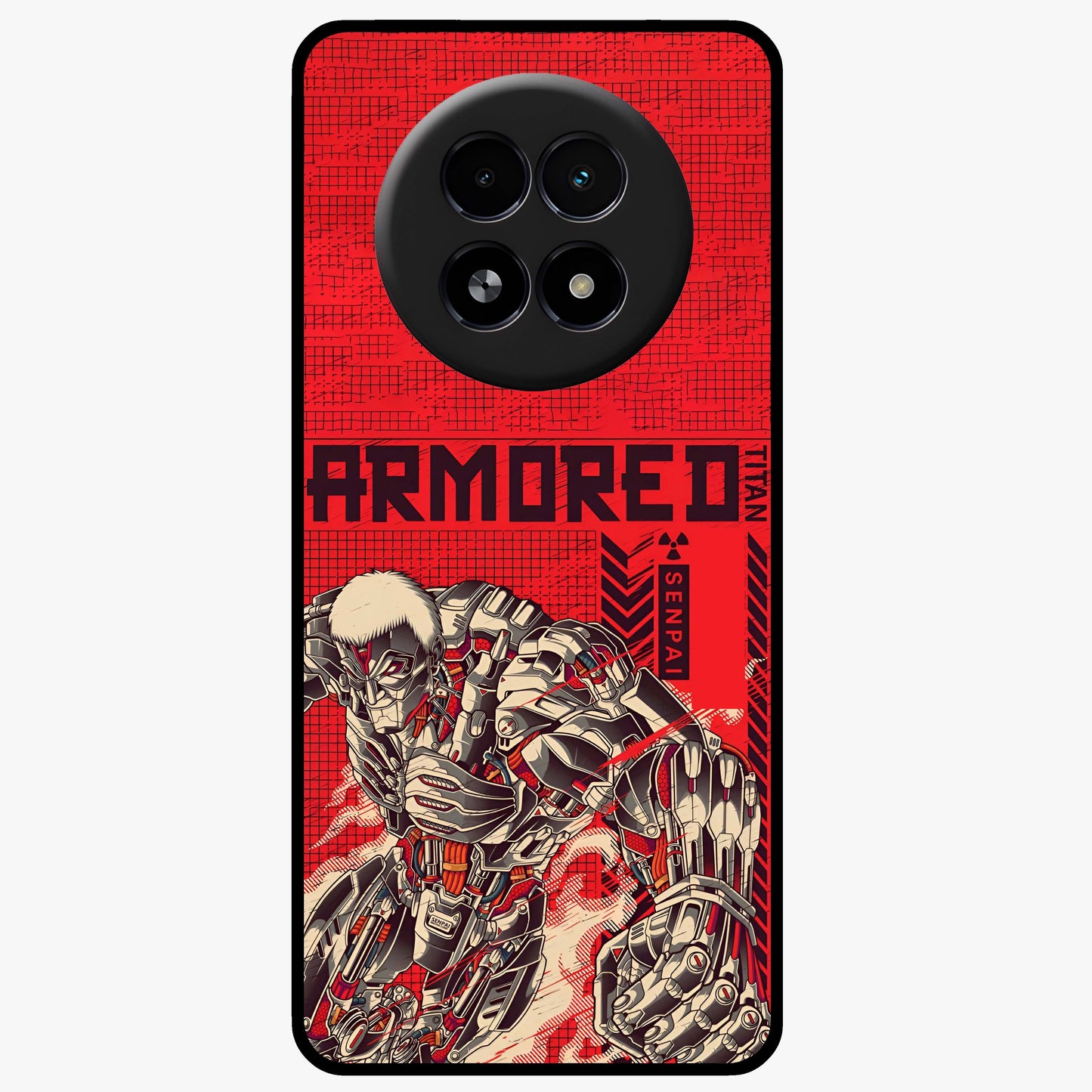 Crimson Mecha Titan Glass Case showing flat back view with powerful mech titan artwork and glossy glass finish.