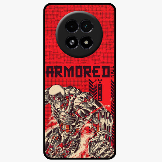 Crimson Mecha Titan Glass Case showing flat back view with powerful mech titan artwork and glossy glass finish.