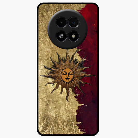 Crimson Sun Majesty Glass Case showing flat back view with radiant sun inspired artwork and glossy glass finish.