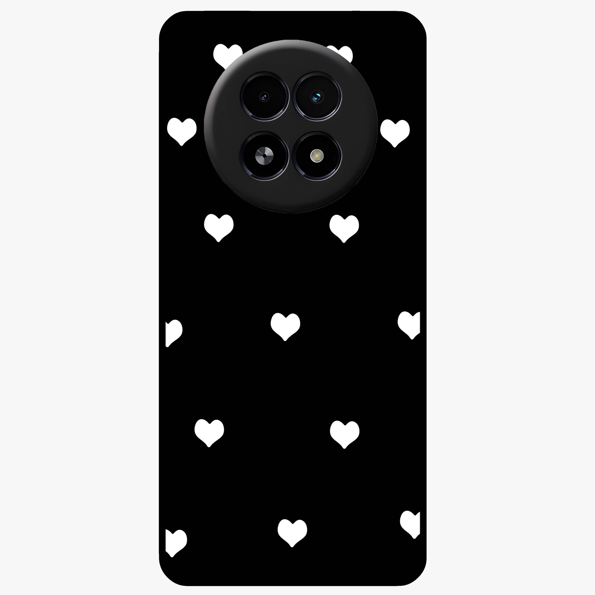 Cute And Simple White Hearts Glass Case showing flat back view with minimal white heart pattern and glossy glass finish.