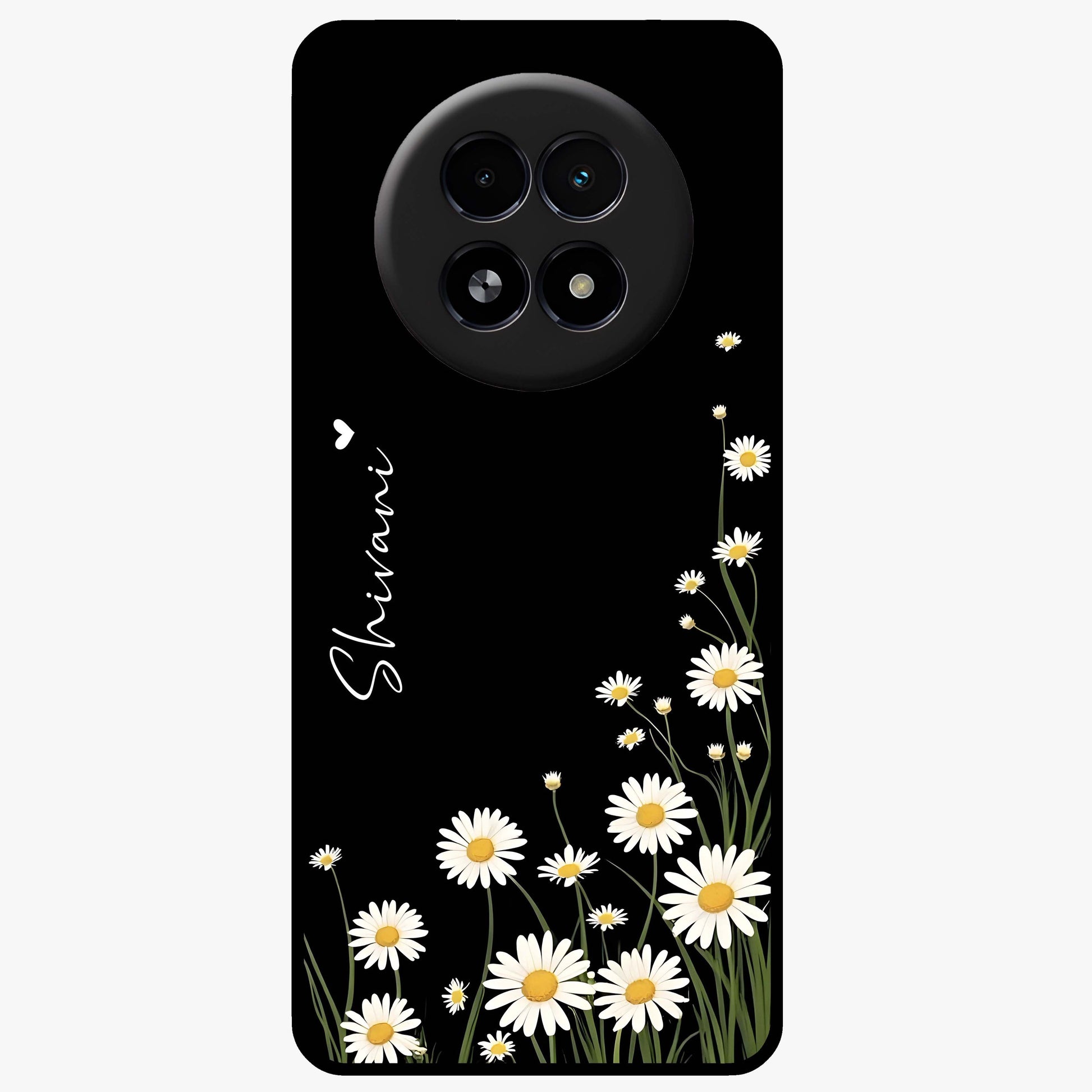 Daisy Cascade Custom Name Glass Case showing flat back view with cascading daisy flowers and personalized name design.