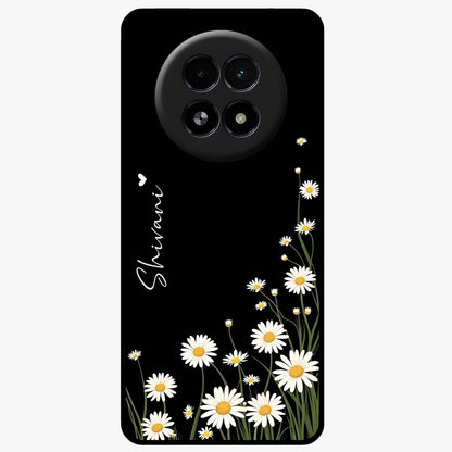 Daisy Cascade Custom Name Glass Case showing flat back view with cascading daisy flowers and personalized name design.