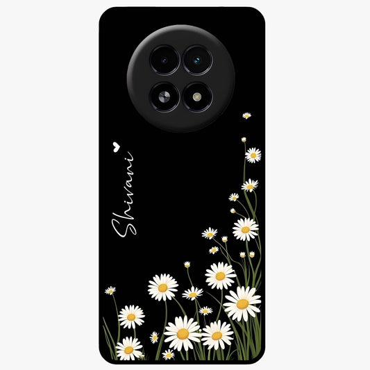 Daisy Cascade Custom Name Glass Case showing flat back view with cascading daisy flowers and personalized name design.