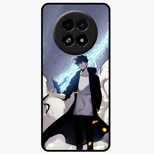 Dark Lightning Anime Warrior Glass Case showing flat back view with intense anime warrior artwork and glossy glass finish.