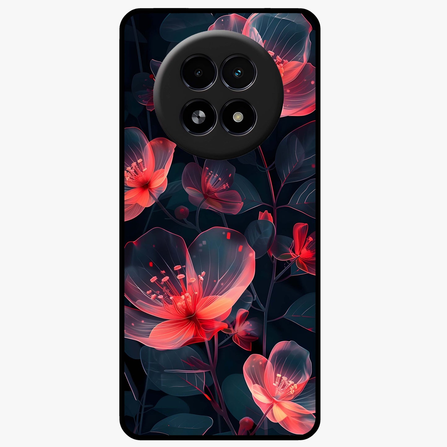 Dark Shade of Flower Glass Case showing flat back view with elegant dark floral artwork and glossy glass finish.