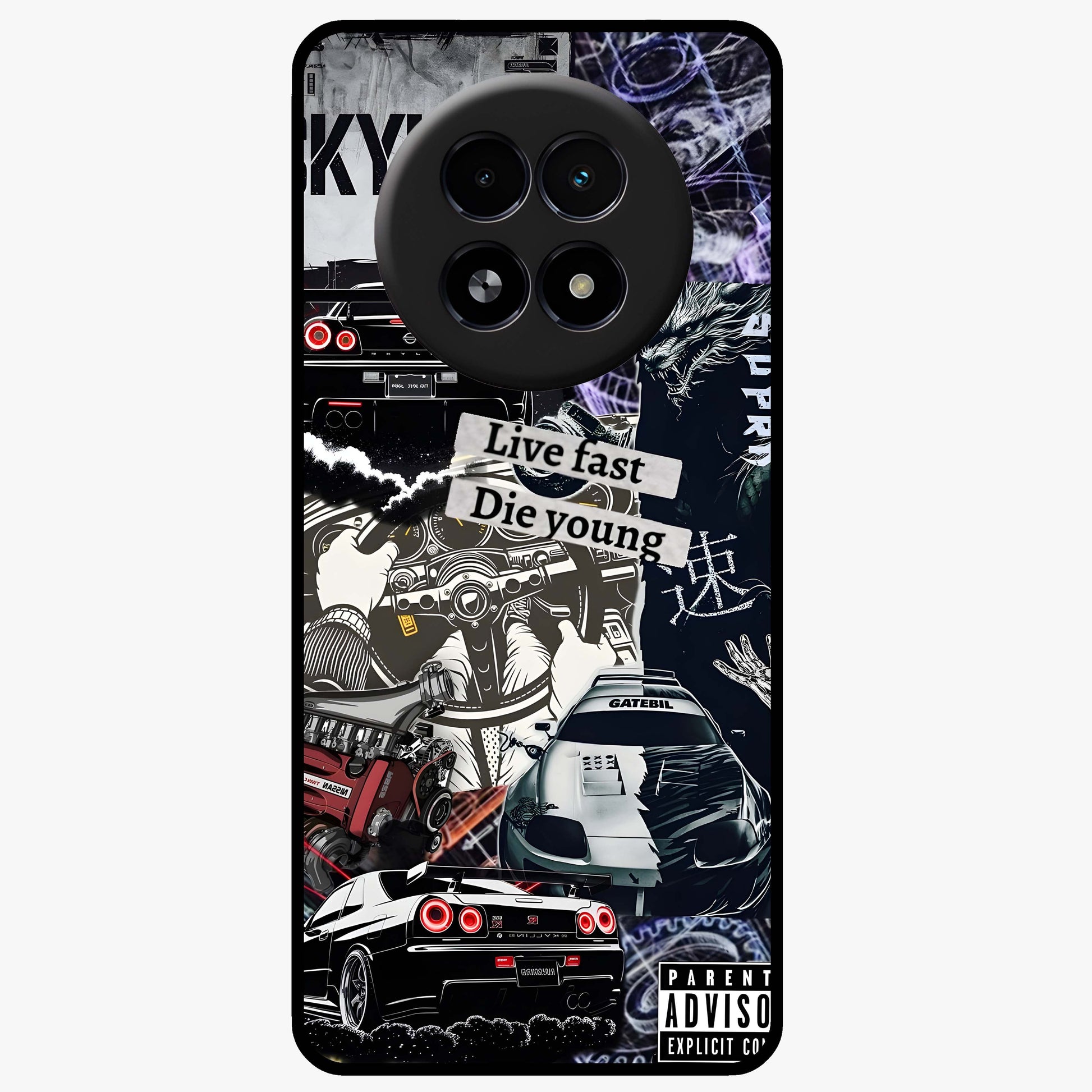 Die Young Glass Case showing flat back view with bold artistic typography design and glossy glass finish.