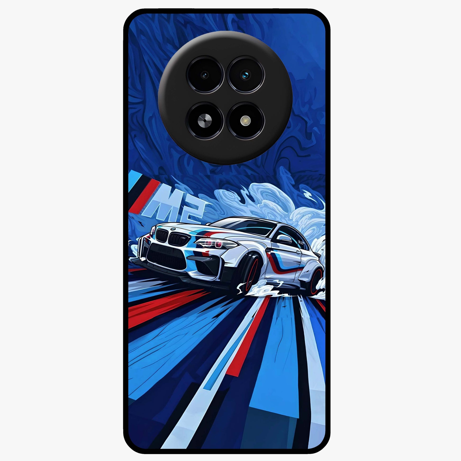 Drift Power Rush Glass Case showing flat back view with dynamic racing inspired artwork and glossy glass finish.