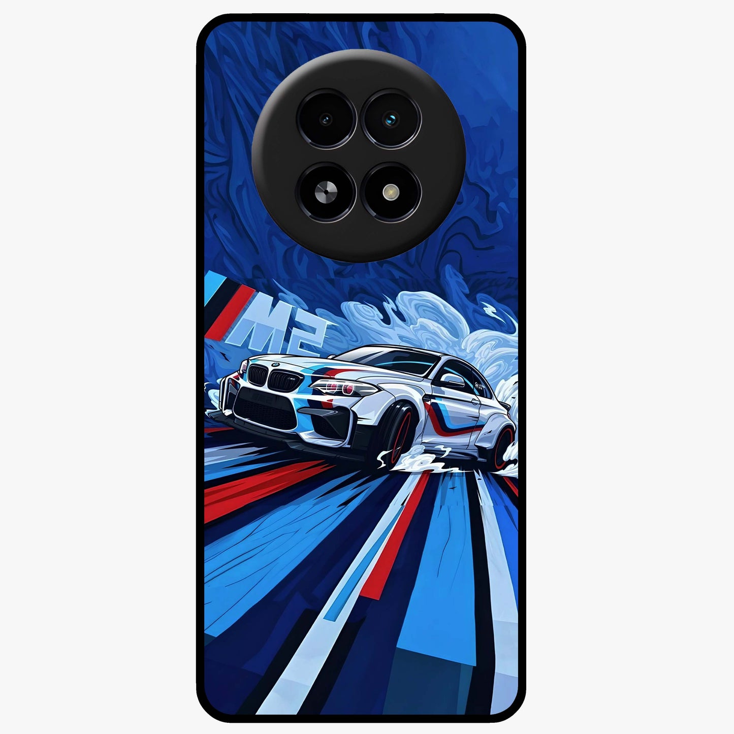 Drift Power Rush Glass Case showing flat back view with dynamic racing inspired artwork and glossy glass finish.