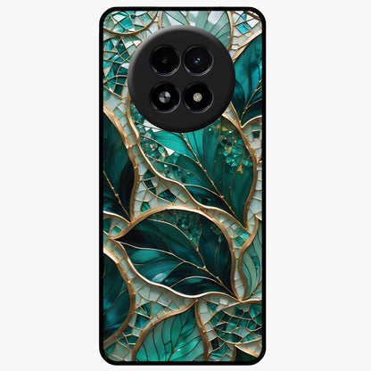 Emerald Leaf Glass Glass Case showing flat back view with emerald green leaf artwork and glossy glass finish.
