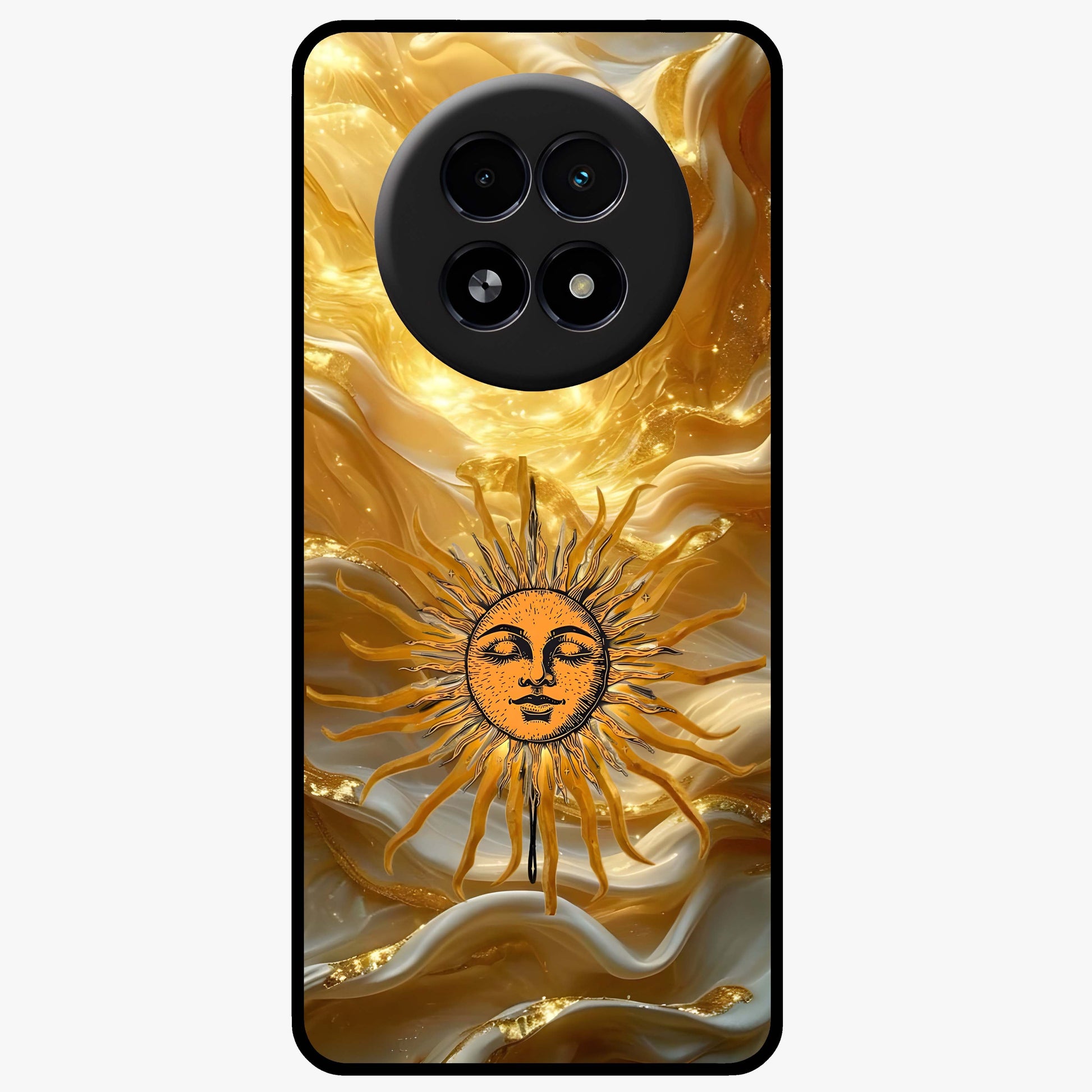 Eternal Golden Glow Glass Case showing flat back view with radiant golden themed artwork and glossy glass finish.