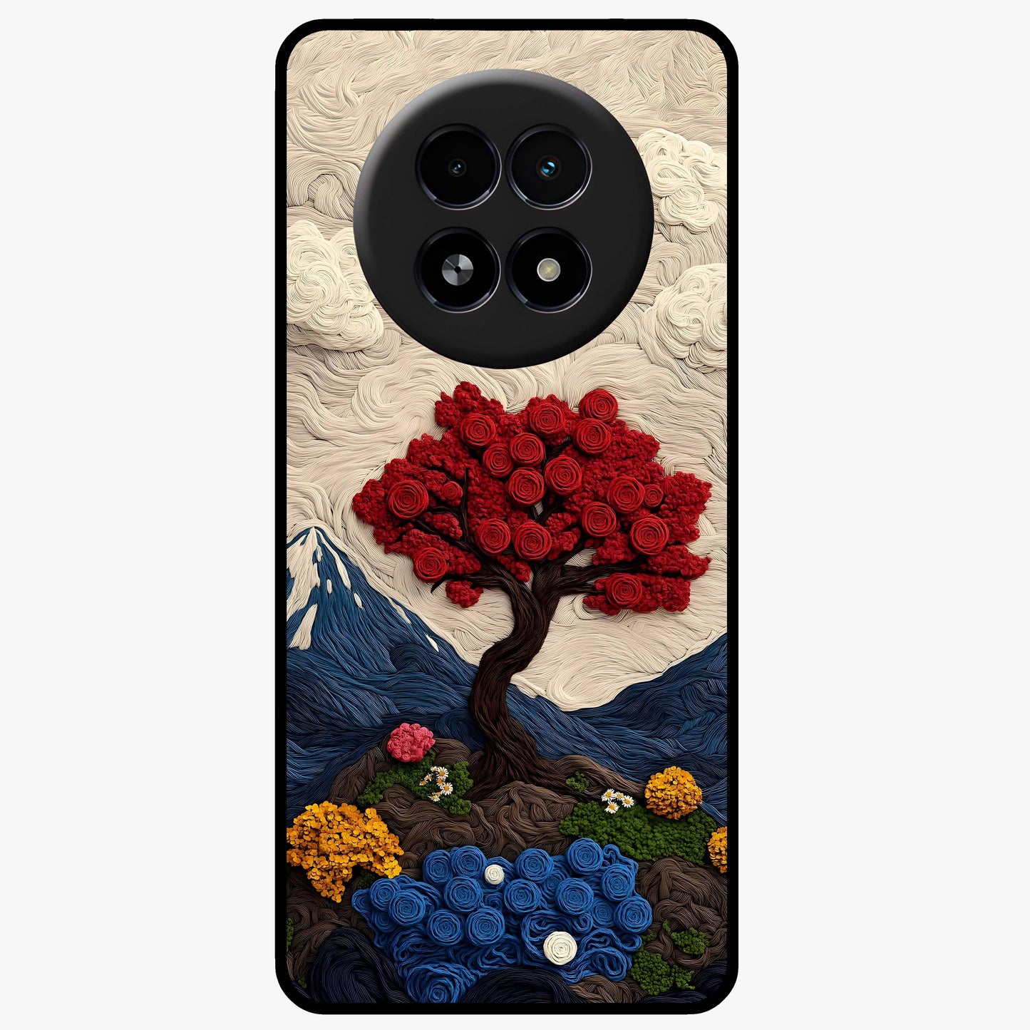 Eternal Nature Tapestry Glass Case showing flat back view with intricate nature tapestry artwork and glossy glass finish.