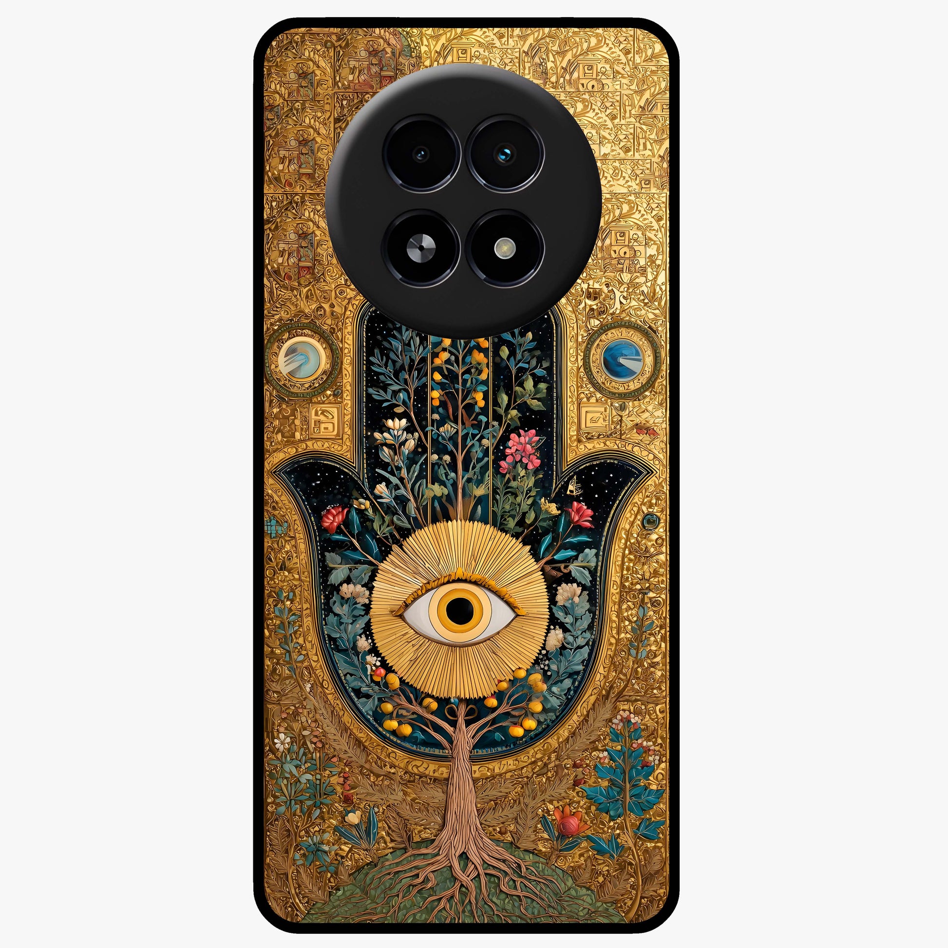 Ethereal Evil Eye Glass Case showing flat back view with mystical evil eye artwork and glossy glass finish.