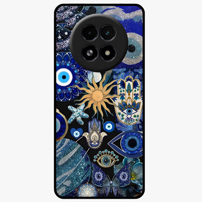 Evil Eye Charm Mix Glass Case showing flat back view with multiple evil eye charms artwork and glossy glass finish.