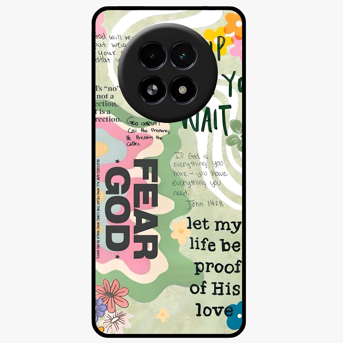 Faith Over Fear Glass Case showing flat back view with motivational typography artwork and glossy glass finish.