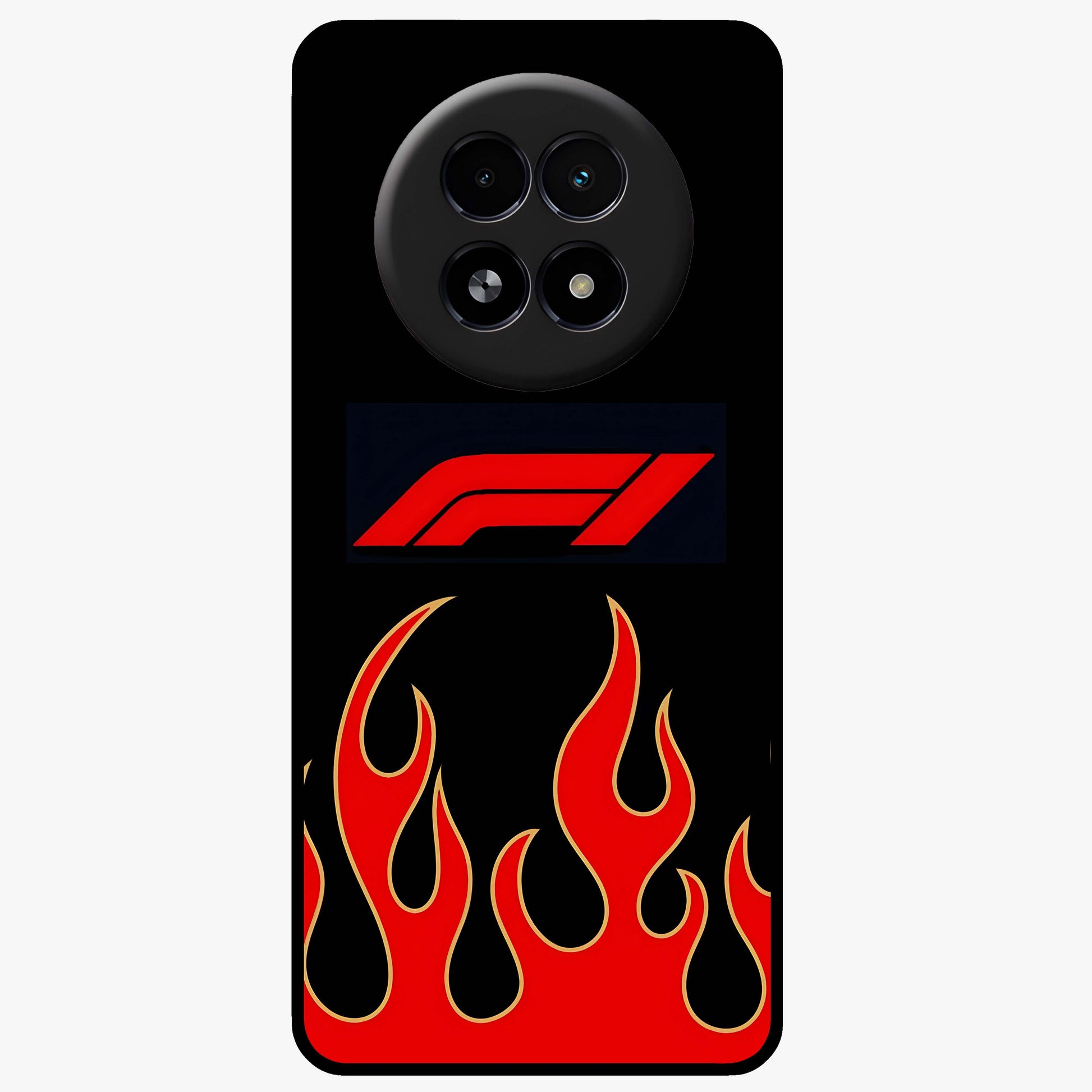 Fire F11 Glass Case showing flat back view with fiery themed artwork and glossy glass finish.