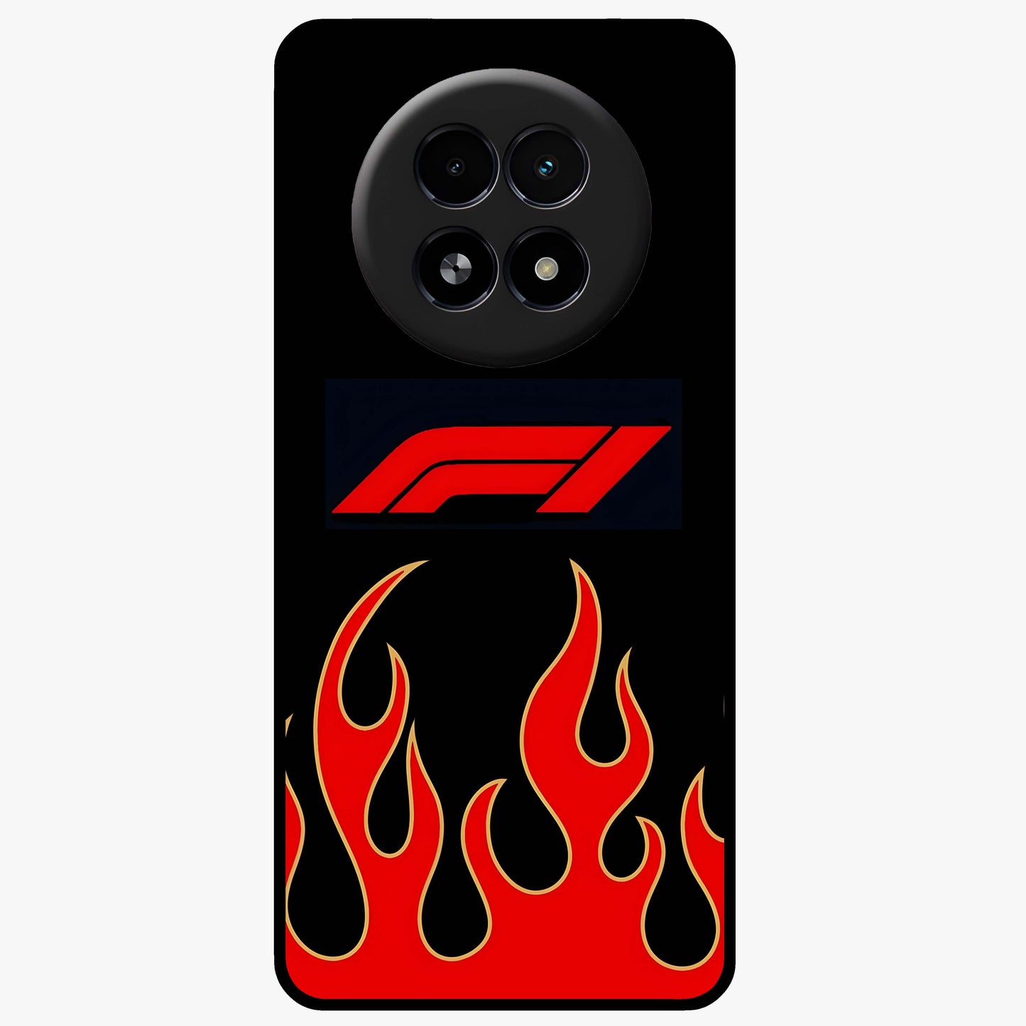 Fire F11 Glass Case showing flat back view with fiery themed artwork and glossy glass finish.