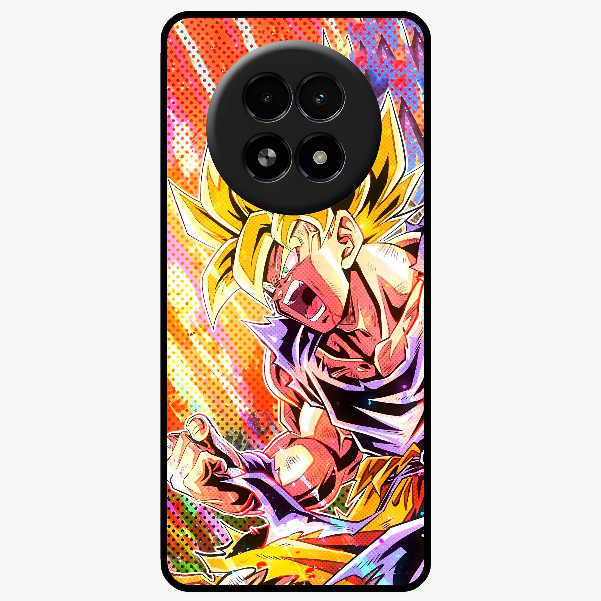 Firing Goku Glass Case showing flat back view with powerful anime inspired artwork and glossy glass finish.