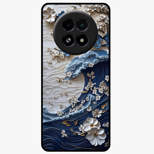 Floral Wave Origami Glass Case showing flat back view with origami inspired floral wave artwork and glossy glass finish.