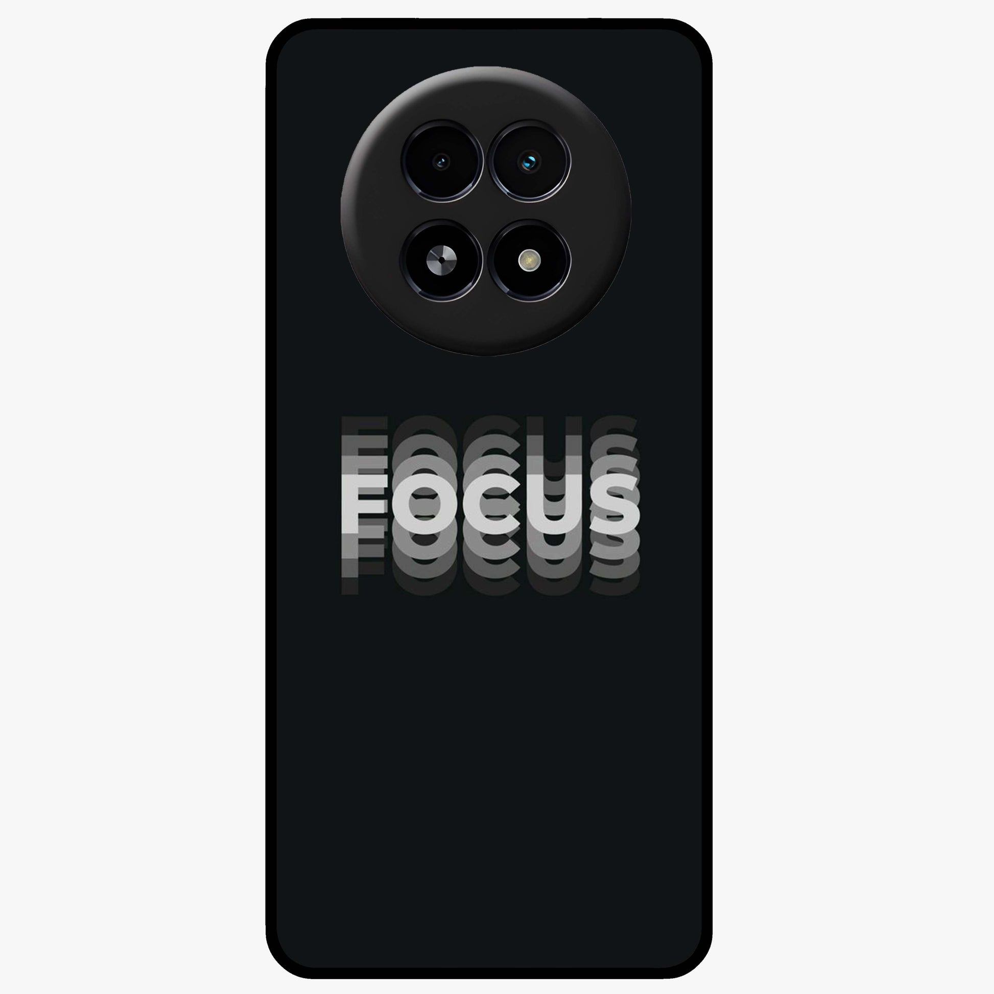 Focus Mode On Glass Case showing flat back view with bold motivational typography design and glossy glass finish.