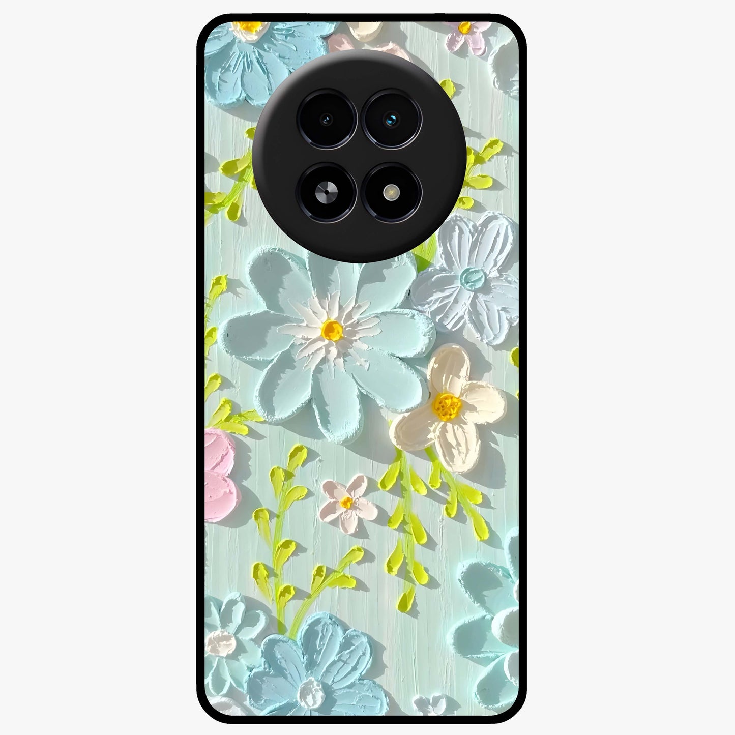 Frosted Petal Garden Glass Case showing flat back view with soft frosted floral artwork and glossy glass finish.