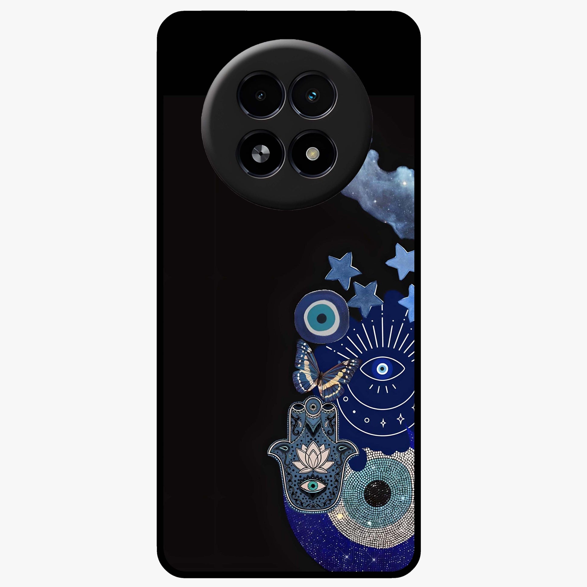 Galactic Charm Cluster Glass Case showing flat back view with glowing celestial charm artwork and glossy glass finish.