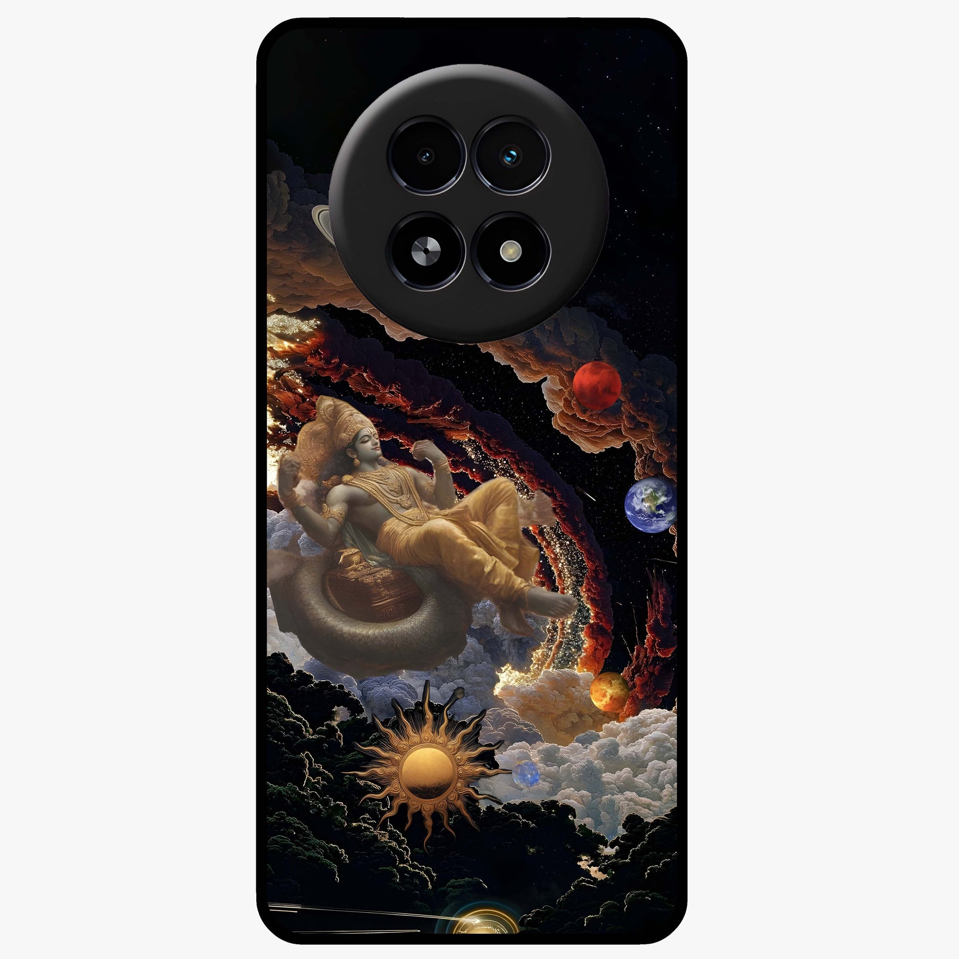 Galactic Divine God Glass Case showing flat back view with divine cosmic themed artwork and glossy glass finish.