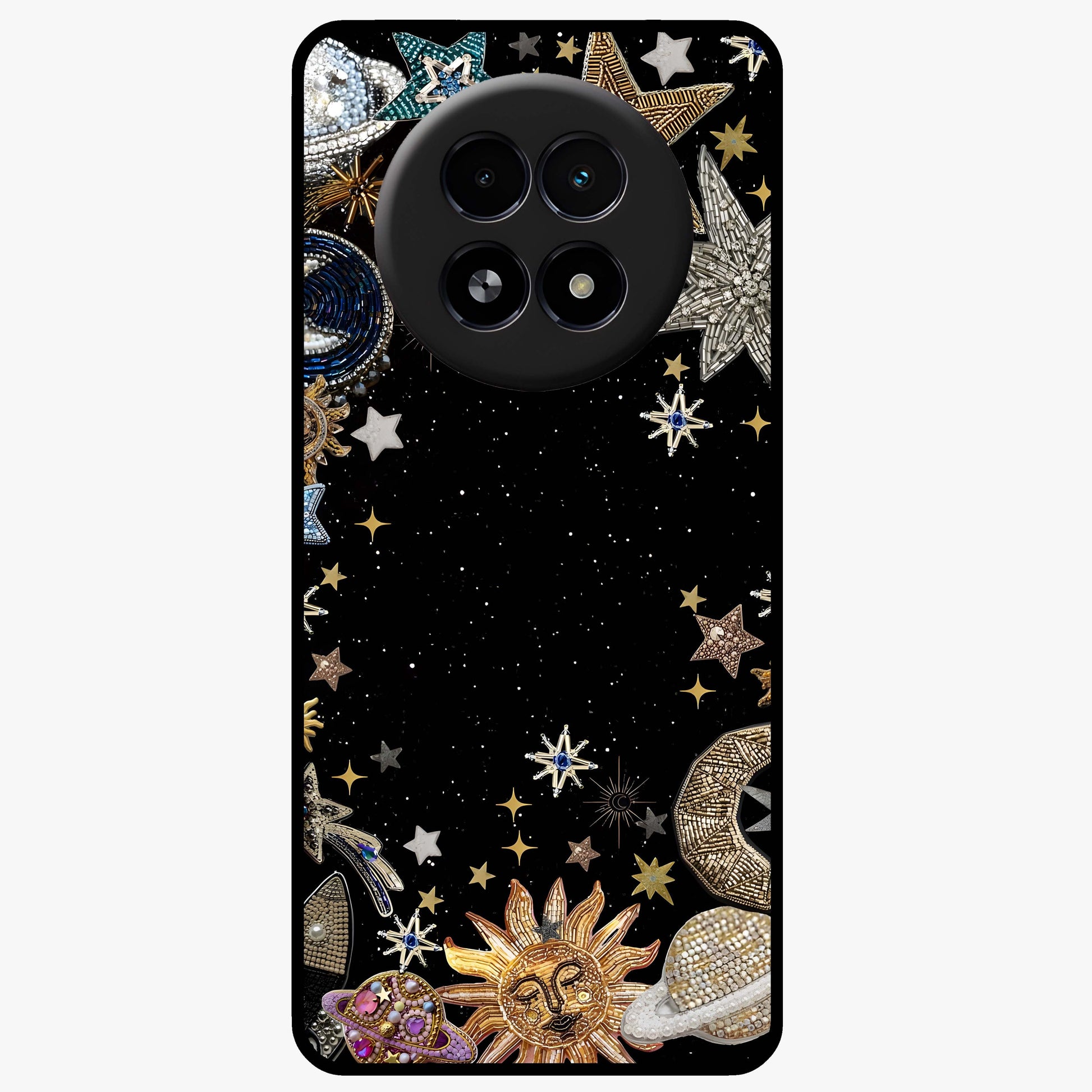 Galactic Jewel Stars Glass Case showing flat back view with sparkling star jewel artwork and glossy glass finish.