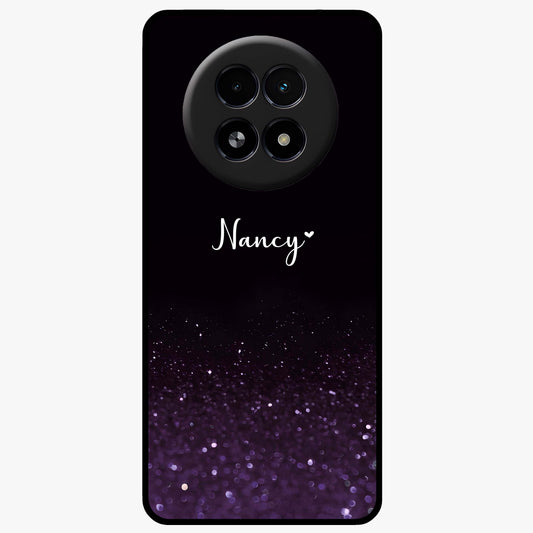 Glittery Purple Bokeh Custom Name Glass Case showing flat back view with purple bokeh sparkle artwork and personalized name design.