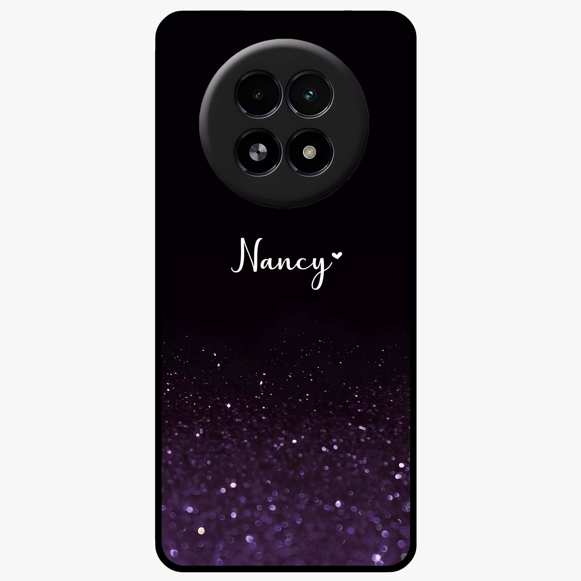 Glittery Purple Bokeh Custom Name Glass Case showing flat back view with purple bokeh sparkle artwork and personalized name design.