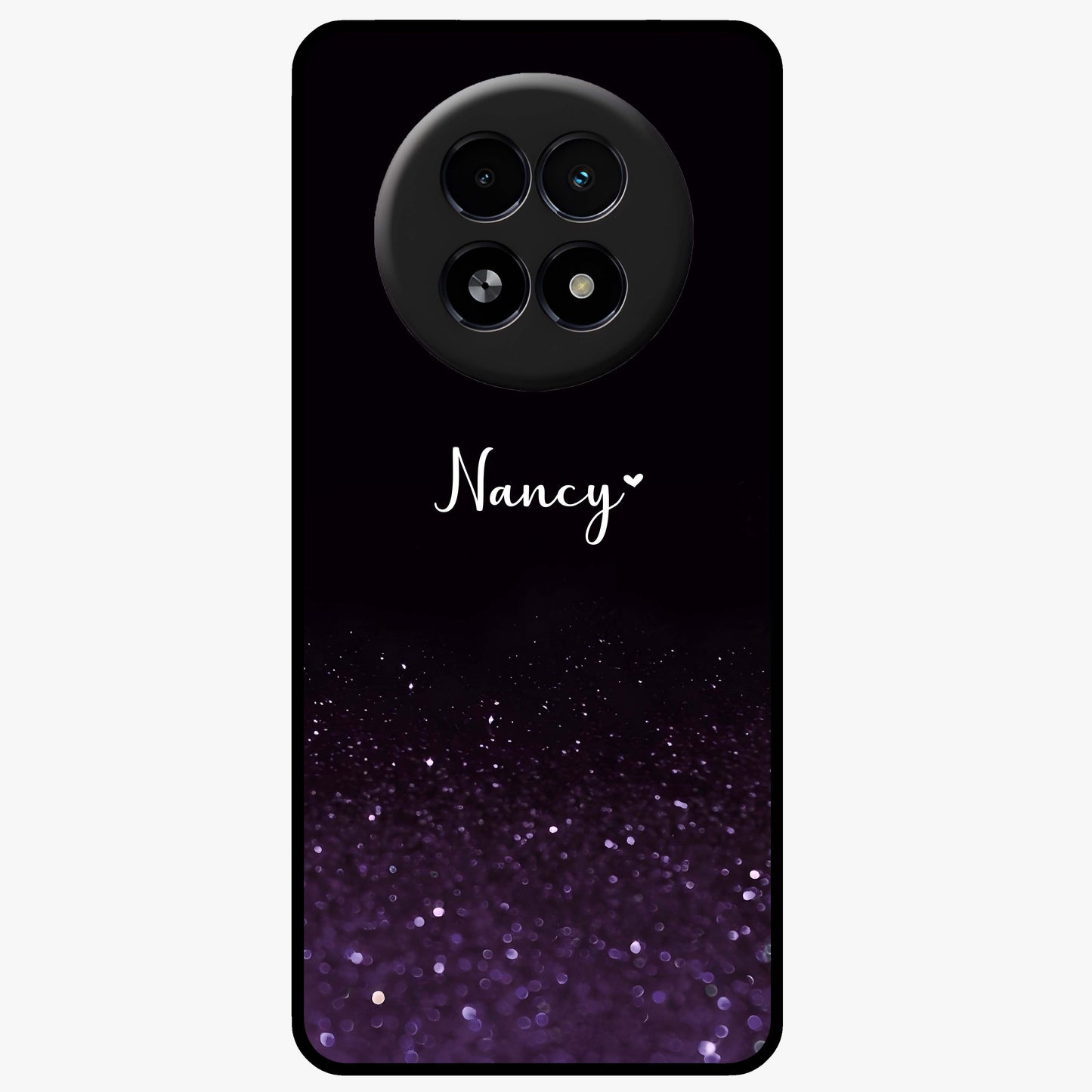Glittery Purple Bokeh Custom Name Glass Case showing flat back view with purple bokeh sparkle artwork and personalized name design.