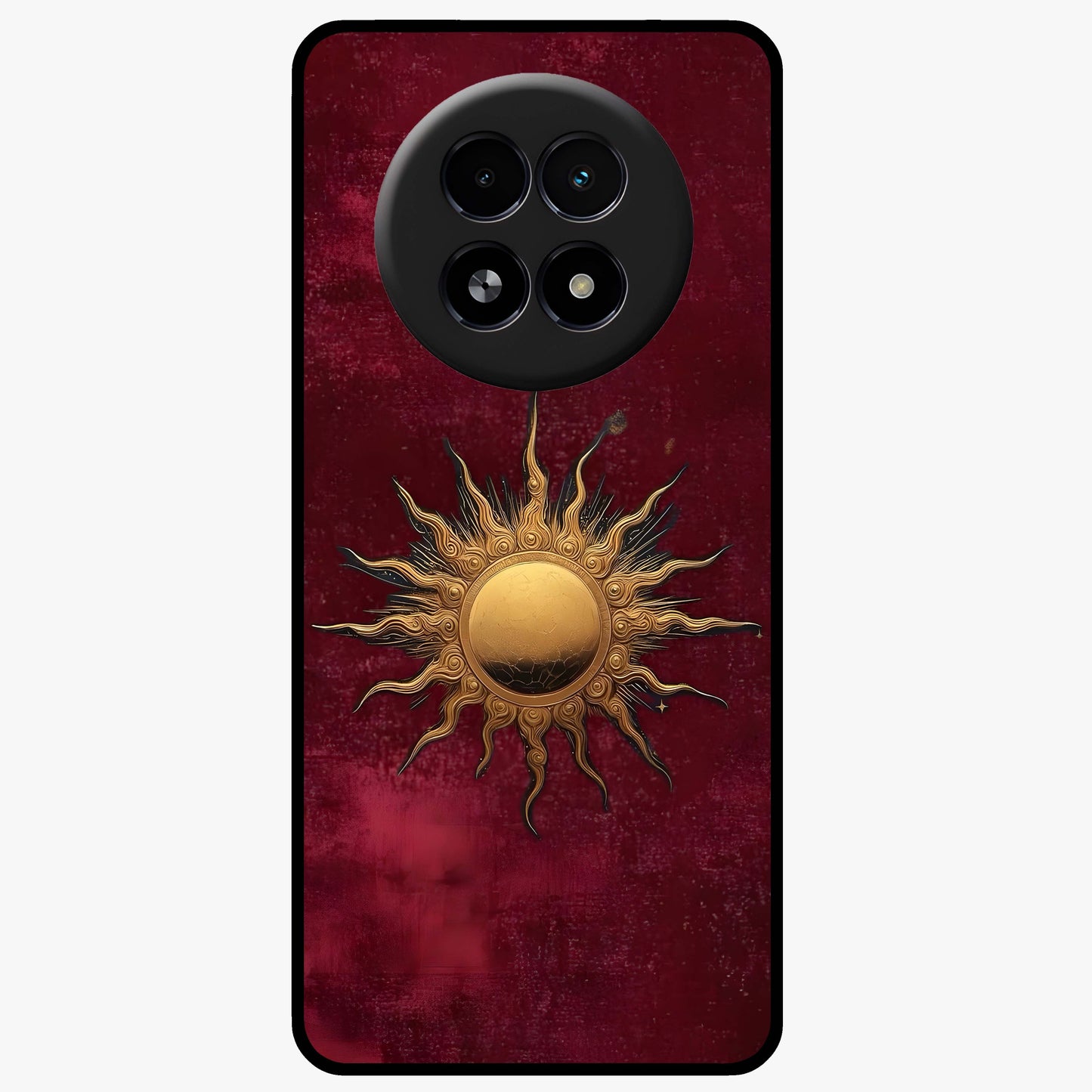 Gold Sun Blush Glass Case showing flat back view with golden sun inspired artwork and glossy glass finish.