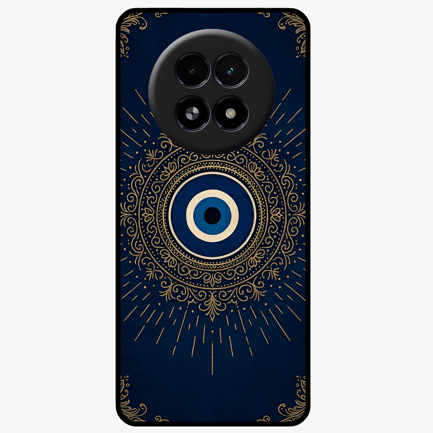 Golden Evil Eye Mandala Glass Case showing flat back view with intricate evil eye mandala artwork and glossy glass finish.
