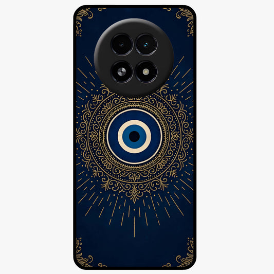 Golden Evil Eye Mandala Glass Case showing flat back view with intricate evil eye mandala artwork and glossy glass finish.