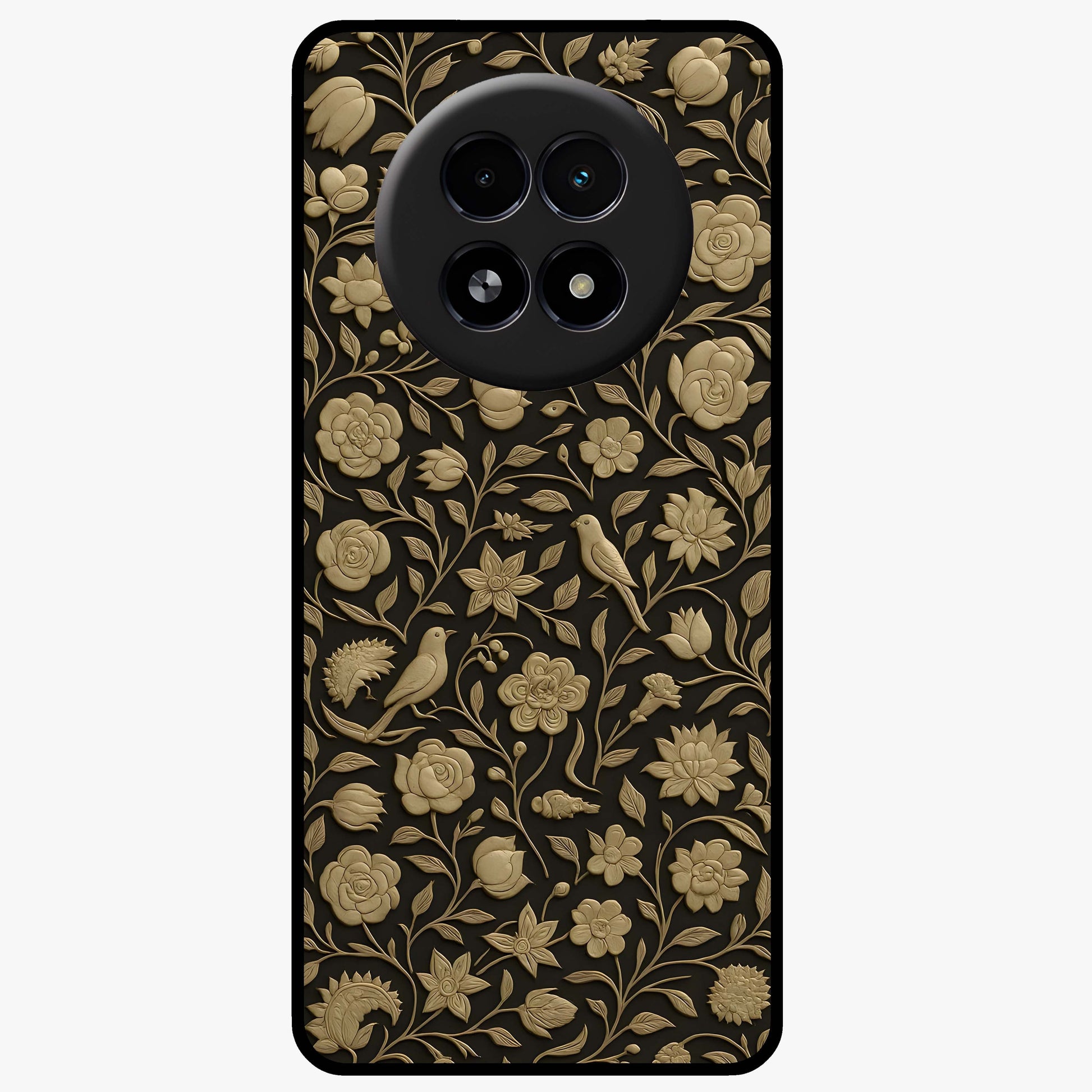 Golden Floral Majesty Glass Case showing flat back view with luxurious golden floral artwork and glossy glass finish.