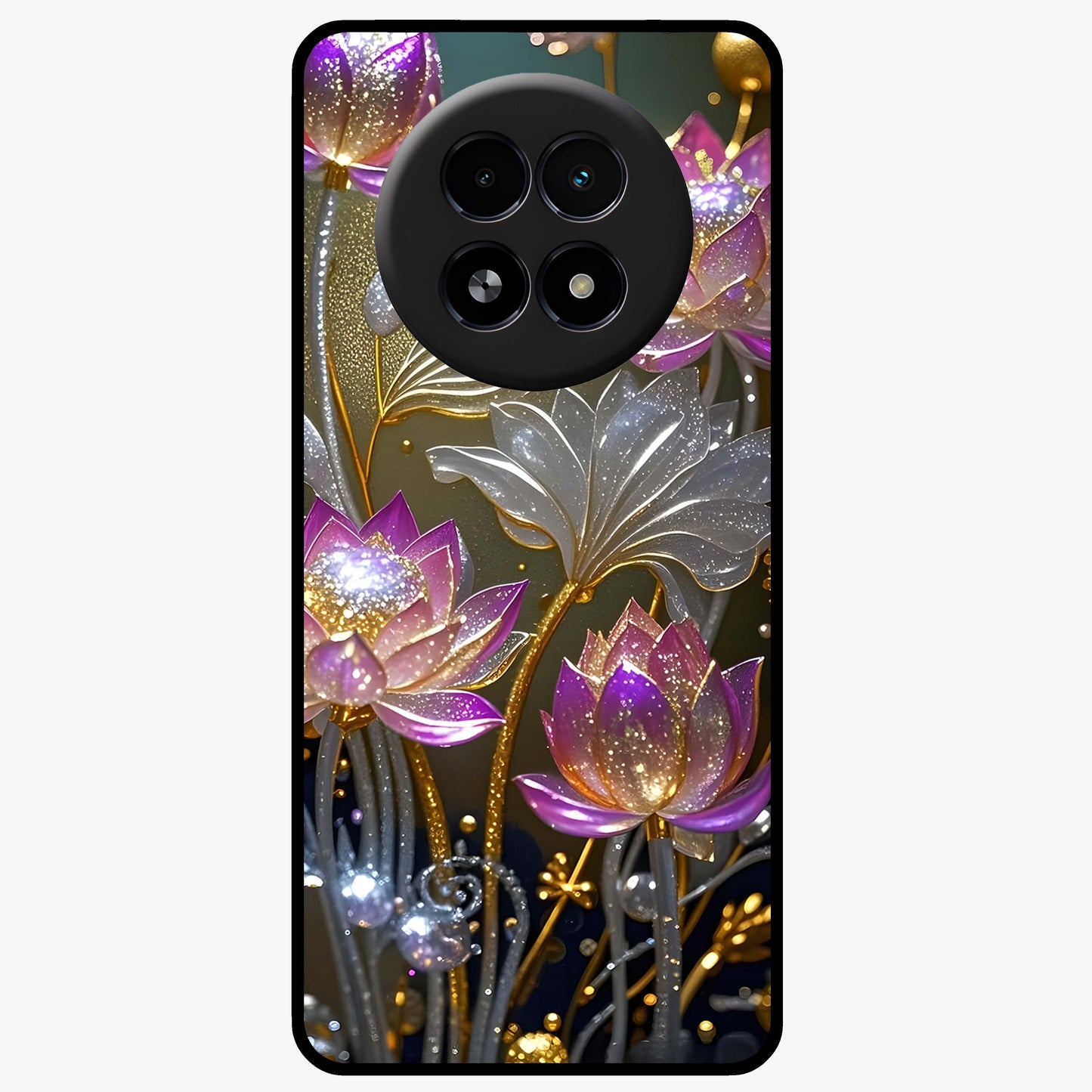 Golden Lotus Glow Glass Case showing flat back view with glowing lotus flower artwork and glossy glass finish.