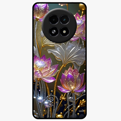 Golden Lotus Glow Glass Case showing flat back view with glowing lotus flower artwork and glossy glass finish.