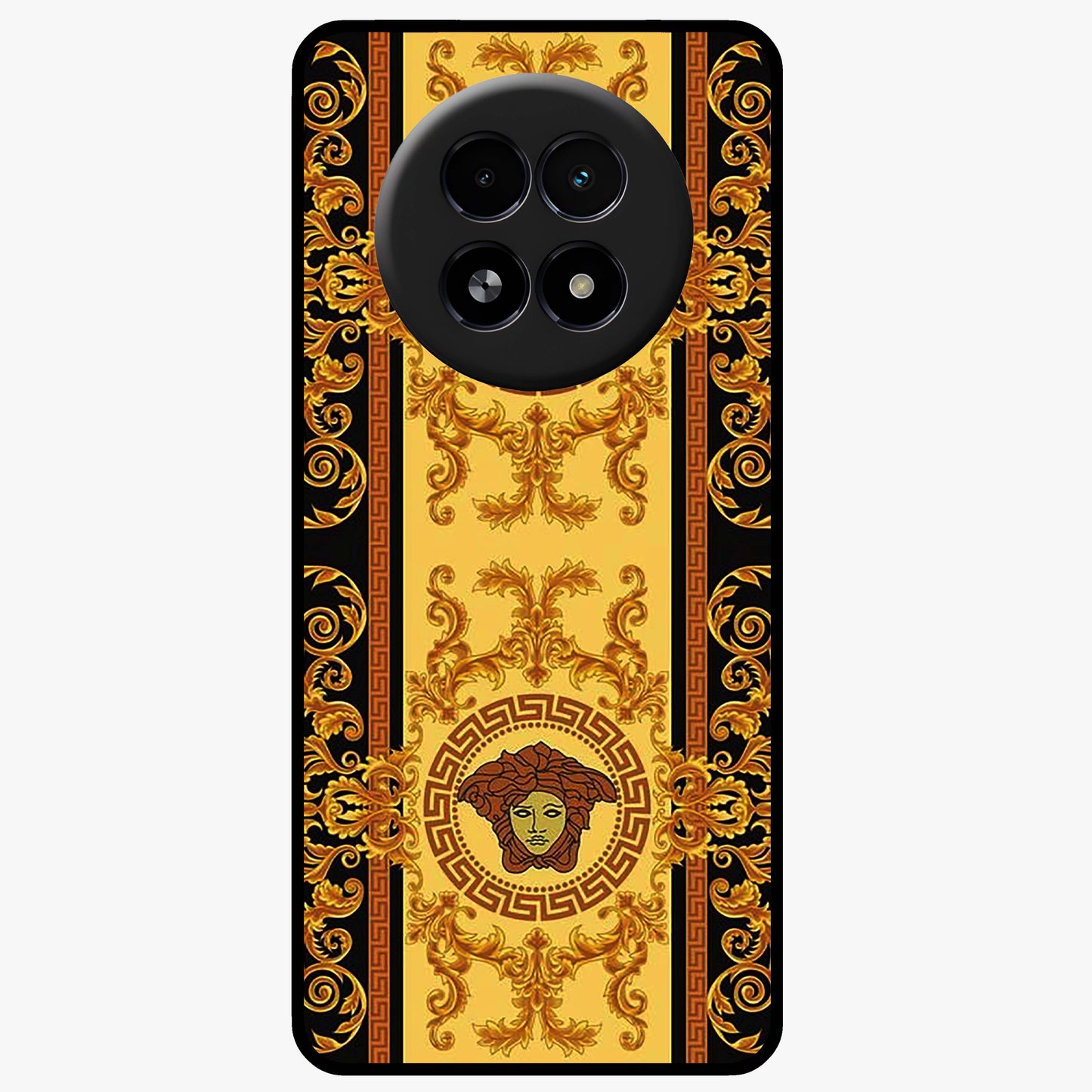 Golden Royal Heritage Glass Case showing flat back view with ornate royal pattern artwork and glossy glass finish.