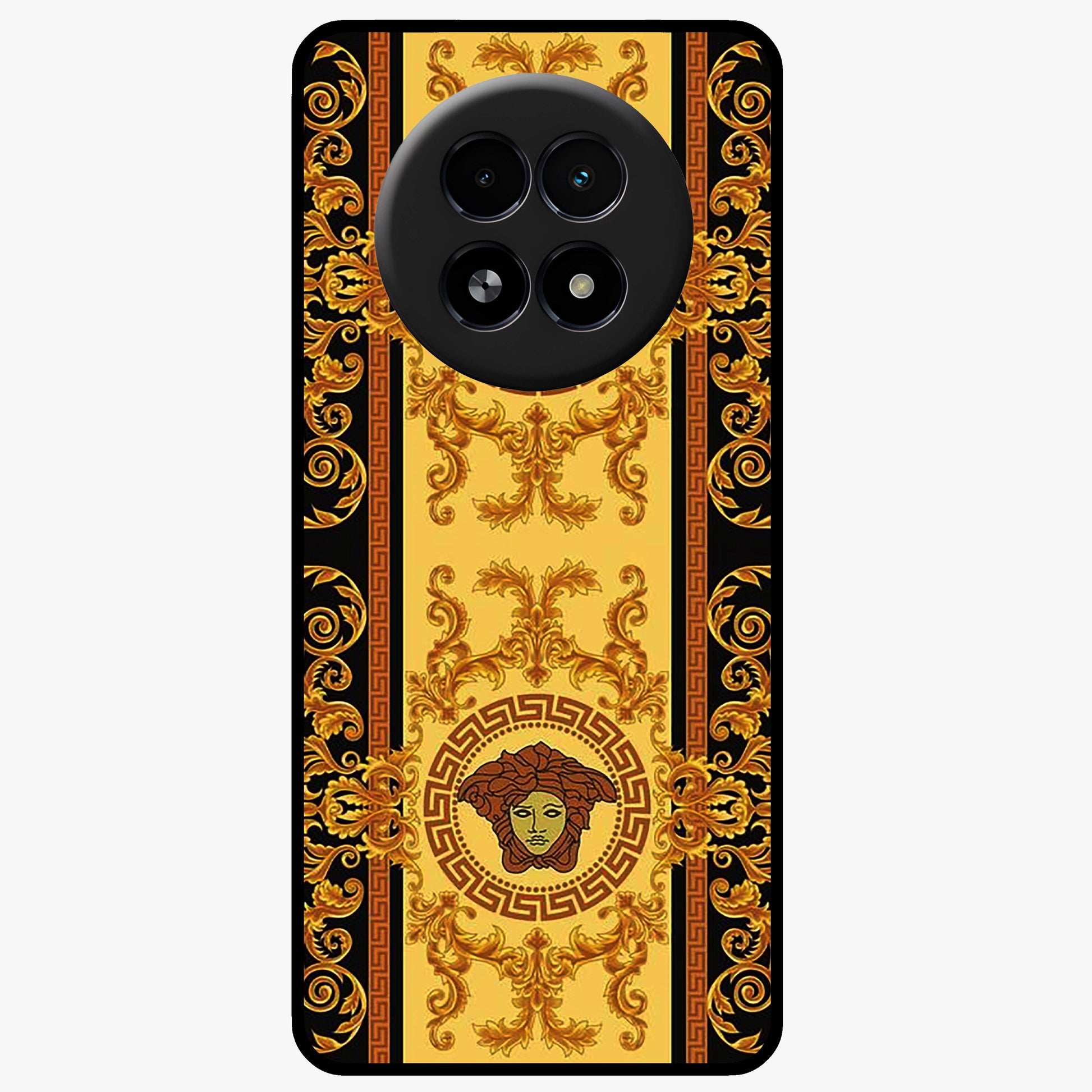 Golden Royal Heritage Glass Case showing flat back view with ornate royal pattern artwork and glossy glass finish.